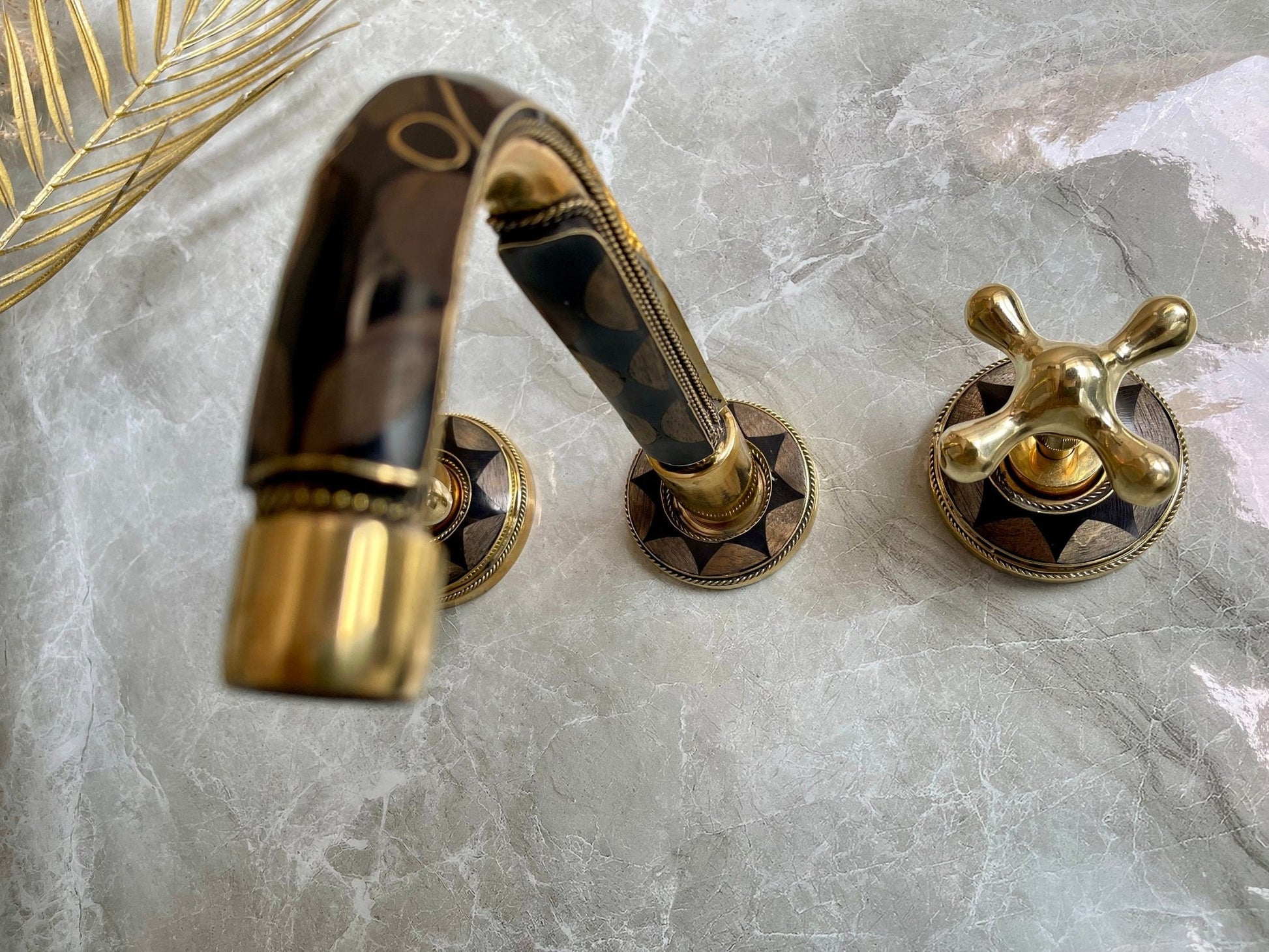 Unlacquered Brass Wall Mounted Faucet - Bone & Resin Inlay Bathroom Tap - Mettlemix