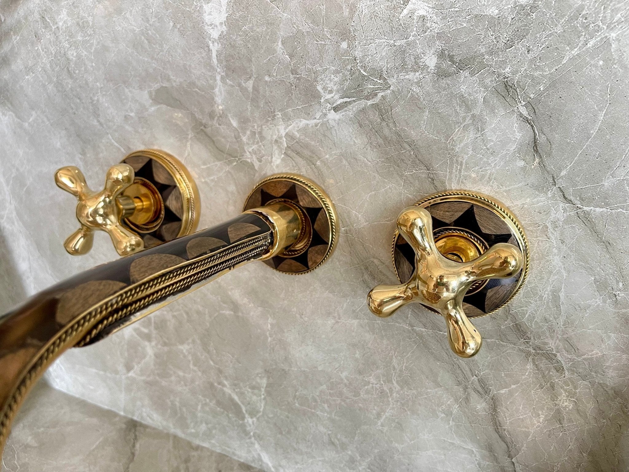 Unlacquered Brass Wall Mounted Faucet - Bone & Resin Inlay Bathroom Tap - Mettlemix
