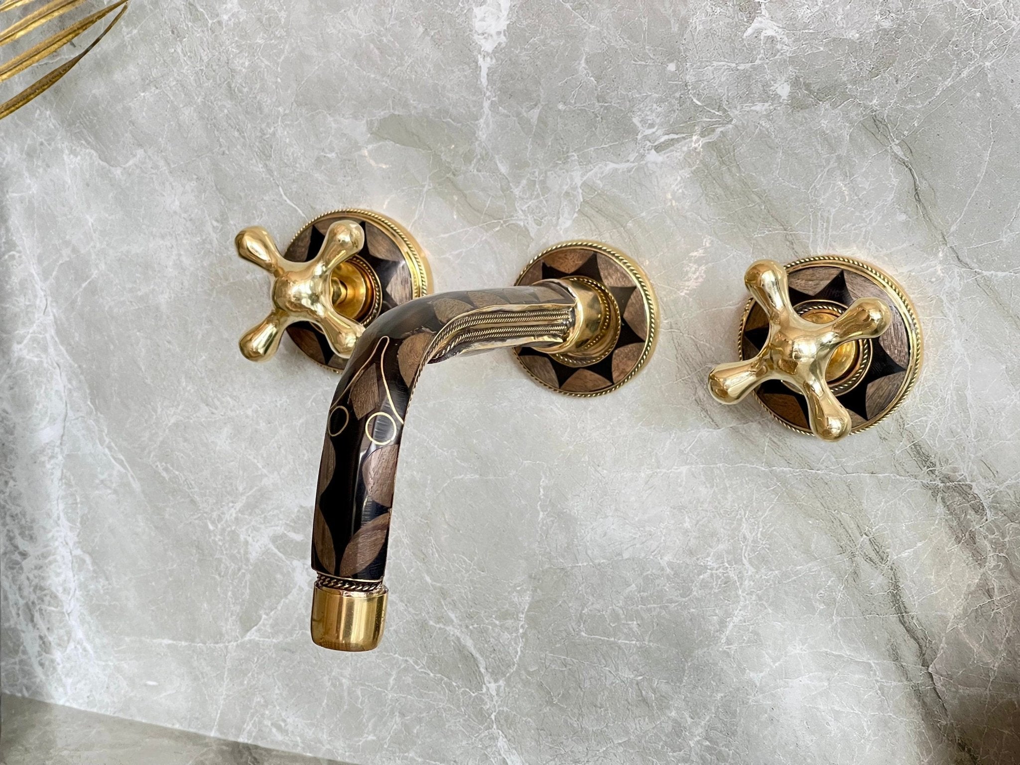 Unlacquered Brass Wall Mounted Faucet - Bone & Resin Inlay Bathroom Tap - Mettlemix