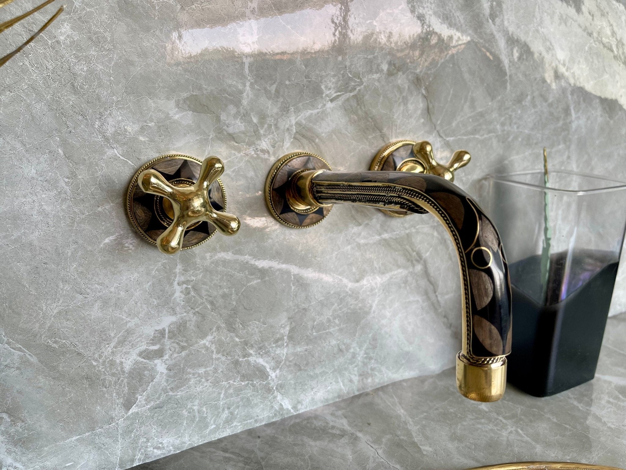 Unlacquered Brass Wall Mounted Faucet - Bone & Resin Inlay Bathroom Tap - Mettlemix