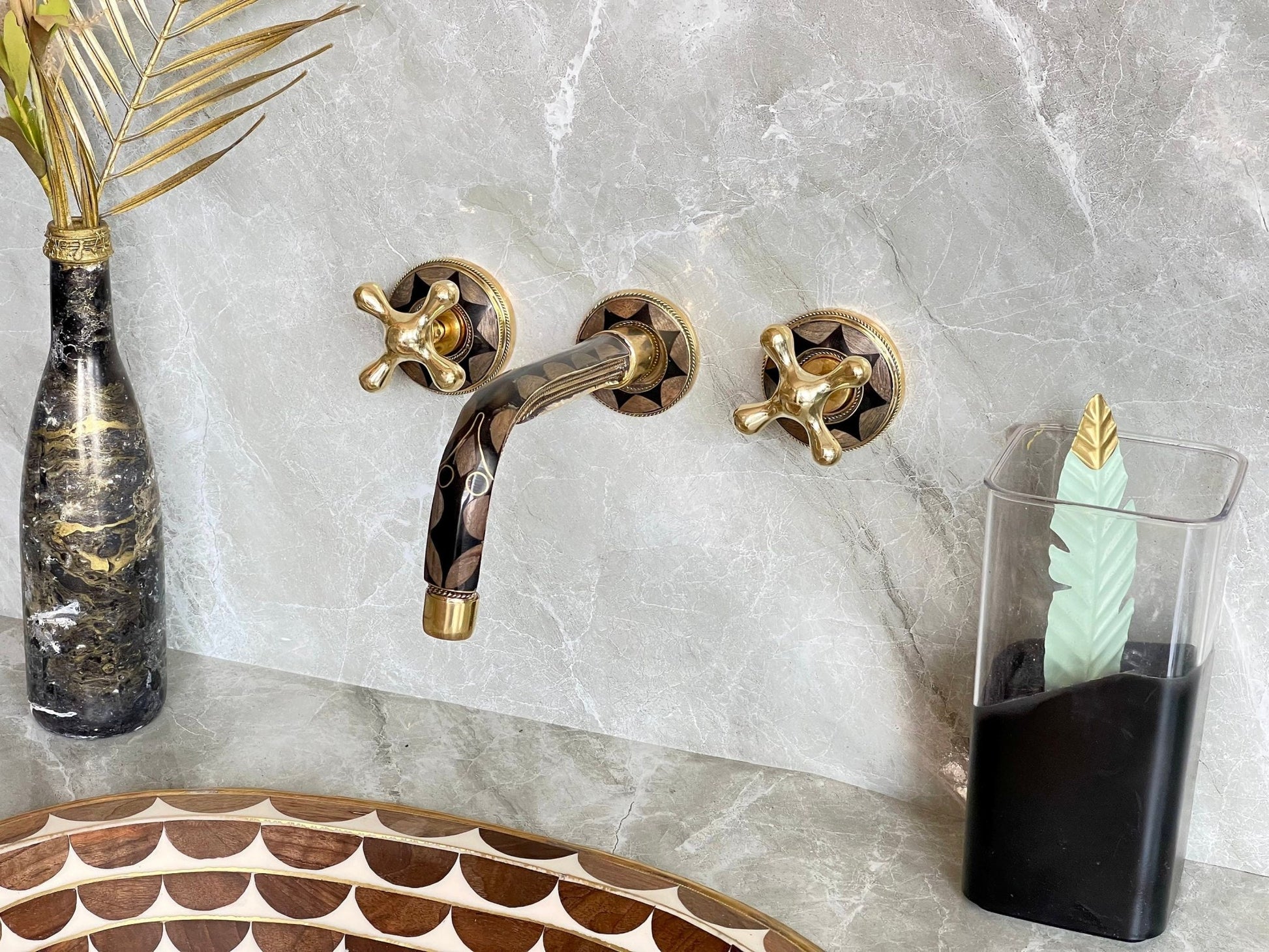 Unlacquered Brass Wall Mounted Faucet - Bone & Resin Inlay Bathroom Tap - Mettlemix