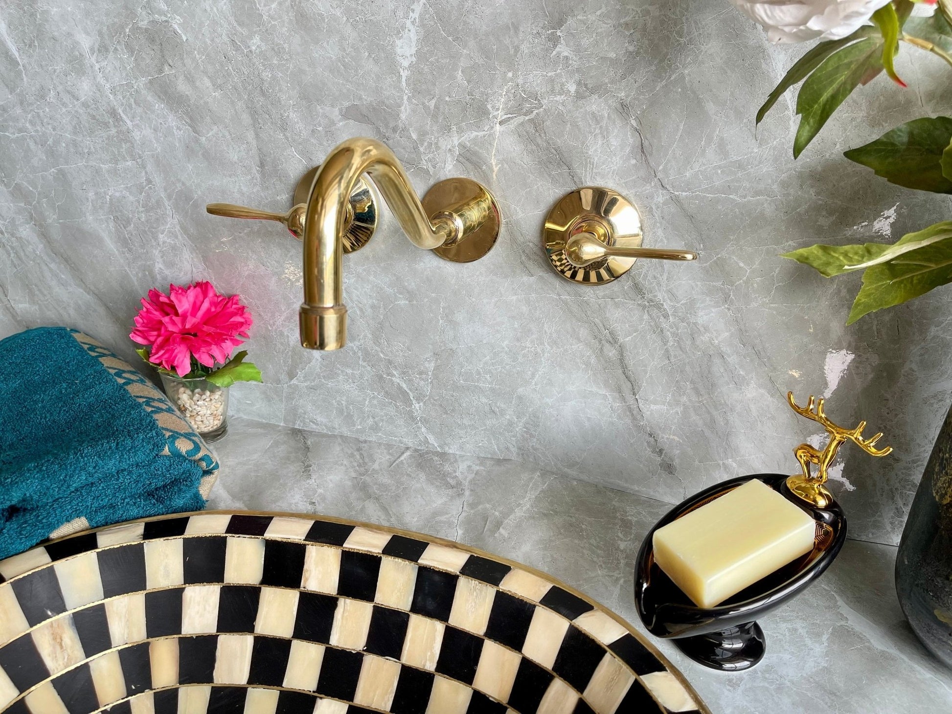 Unlacquered Brass Wall Mounted Faucet - Handmade Cross Handle Tap - Mettlemix