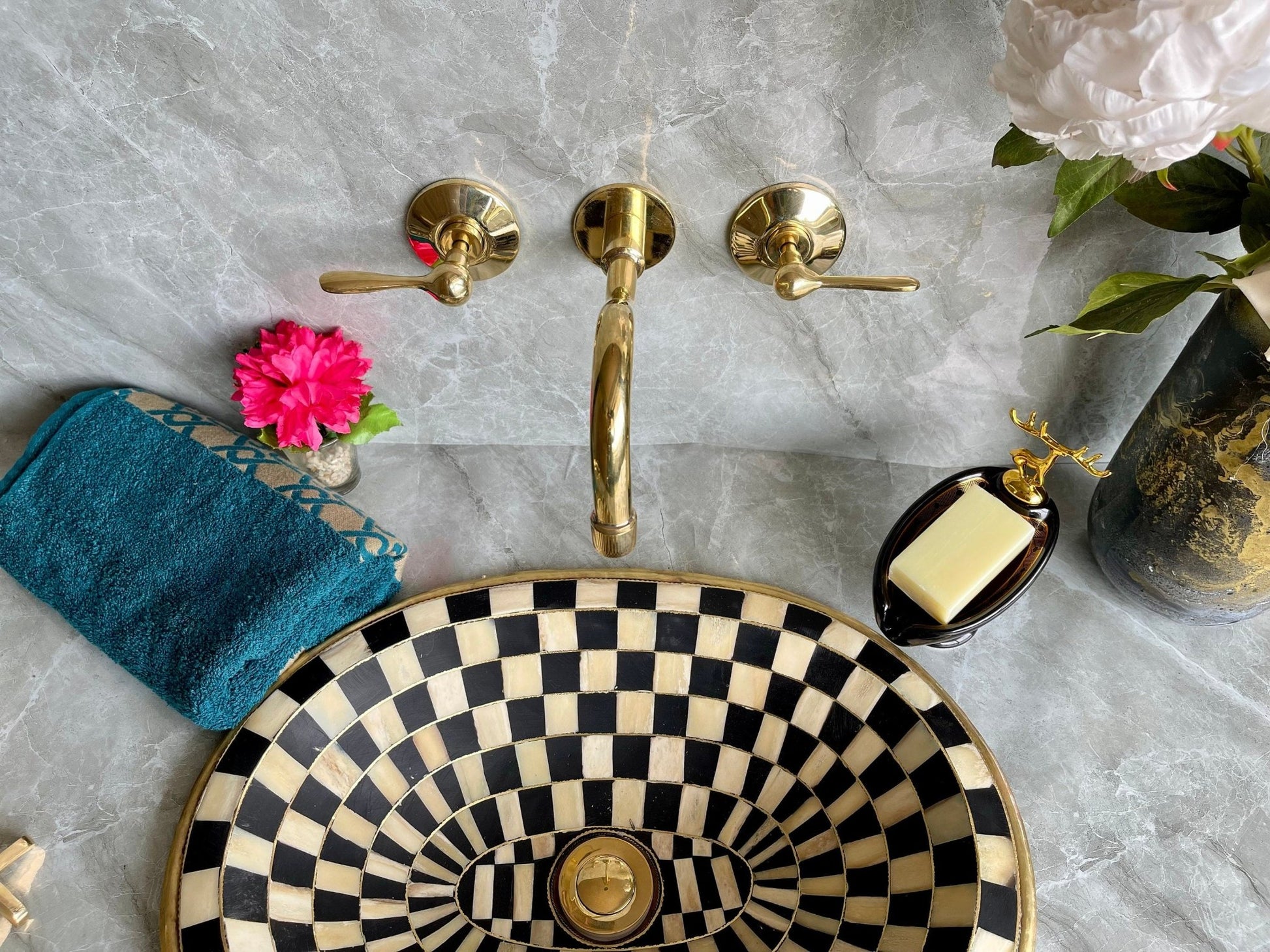Unlacquered Brass Wall Mounted Faucet - Handmade Cross Handle Tap - Mettlemix