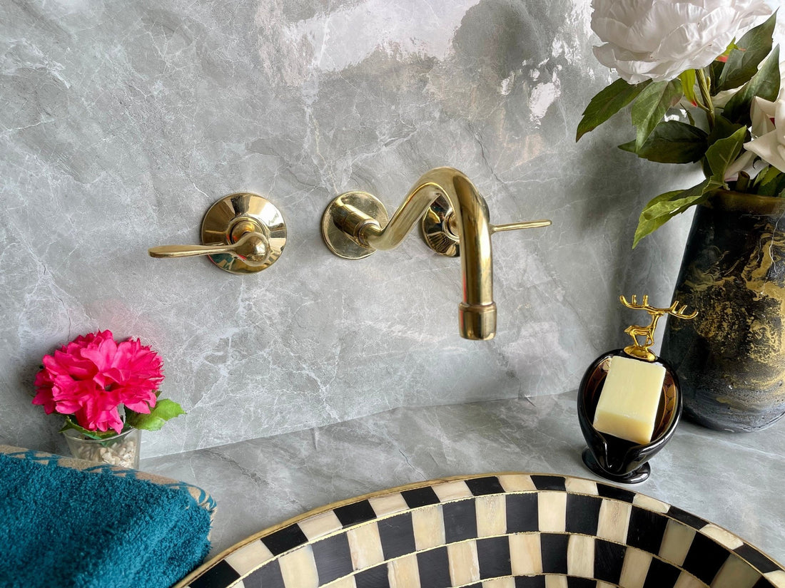 Unlacquered Brass Wall Mounted Faucet - Handmade Cross Handle Tap - Mettlemix