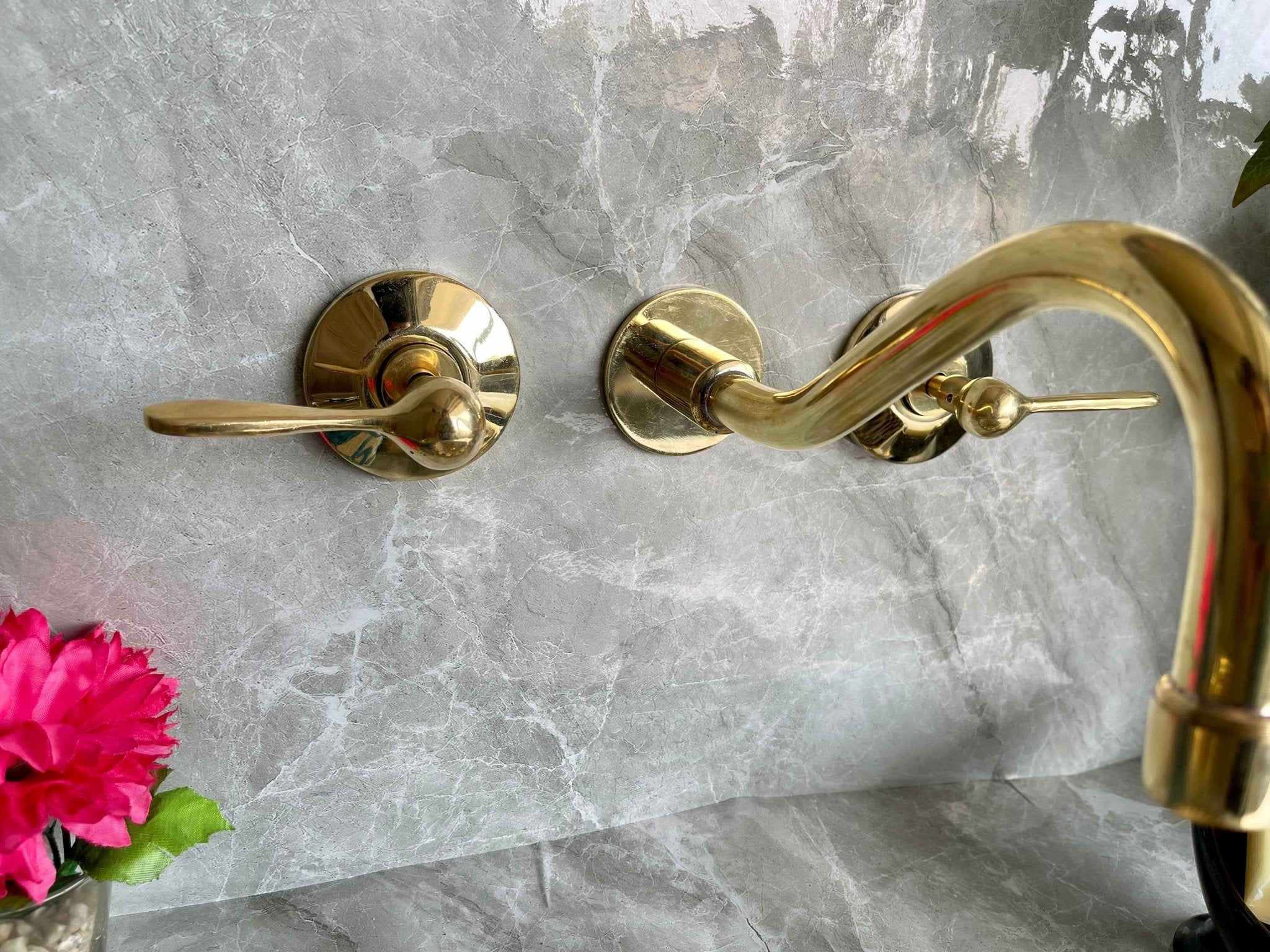 Unlacquered Brass Wall Mounted Faucet - Handmade Cross Handle Tap - Mettlemix