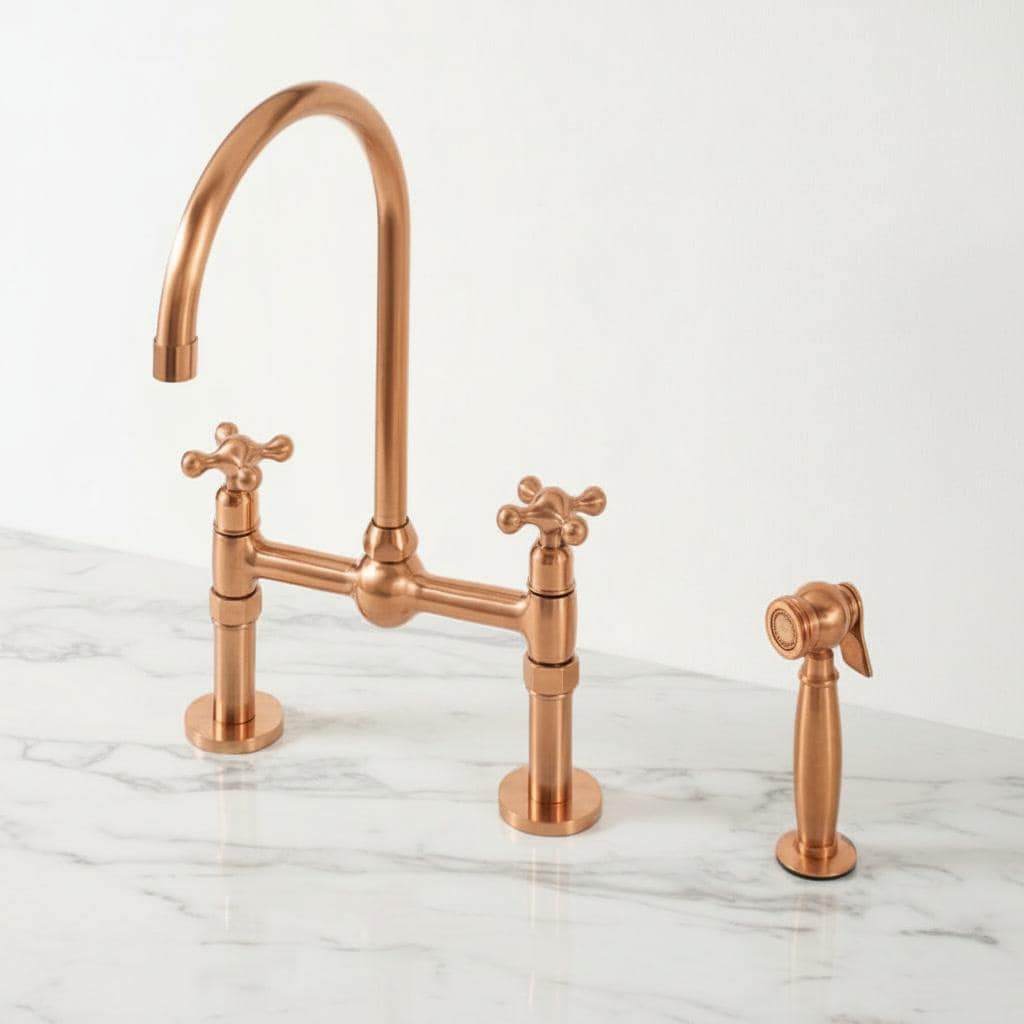 Unlacquered Copper Bridge Faucet - Farmhouse Kitchen Tap with Sprayer - Mettlemix