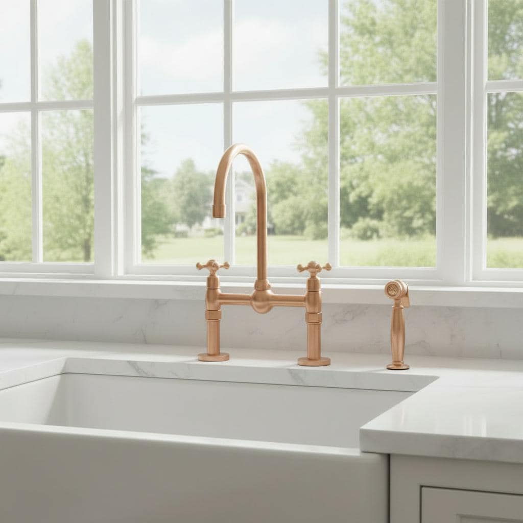 Unlacquered Copper Bridge Faucet - Farmhouse Kitchen Tap with Sprayer - Mettlemix