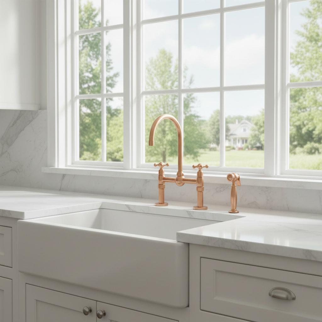 Unlacquered Copper Bridge Faucet - Farmhouse Kitchen Tap with Sprayer - Mettlemix