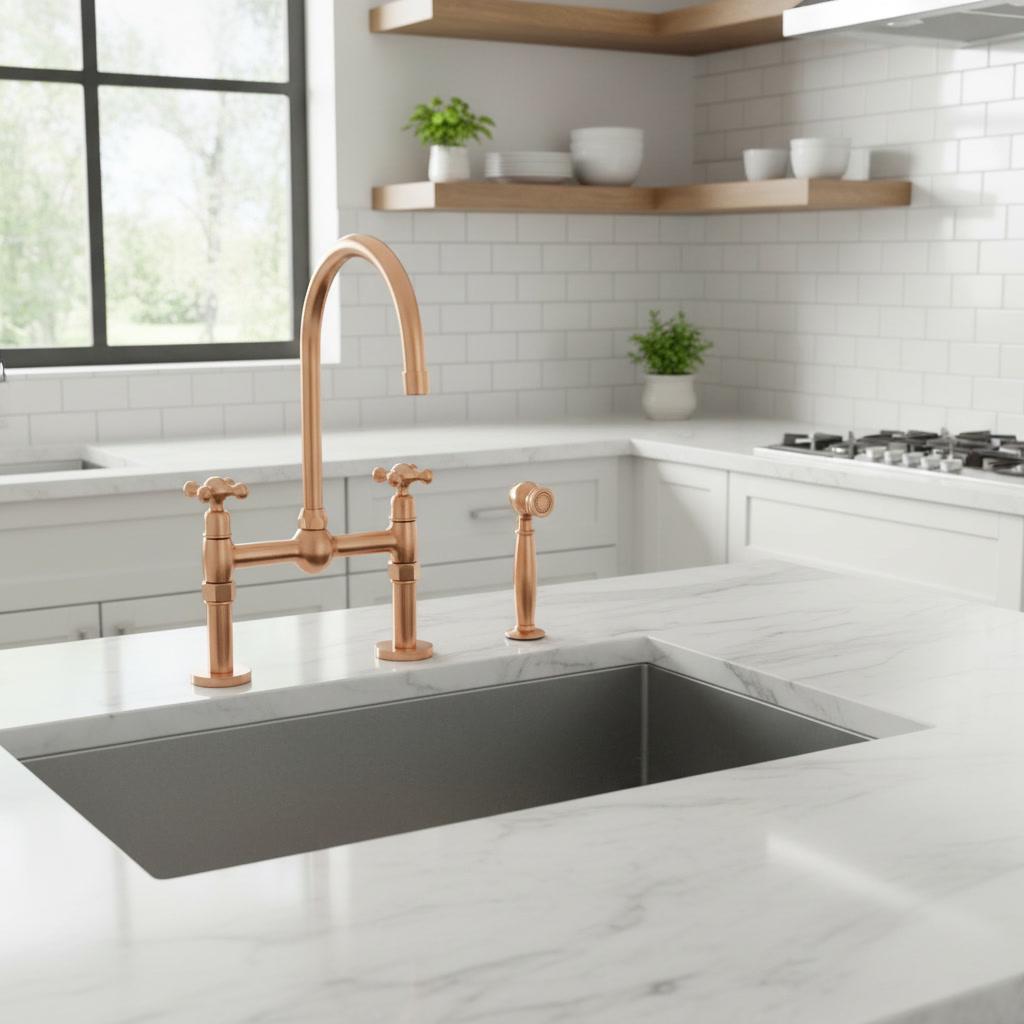 Unlacquered Copper Bridge Faucet - Farmhouse Kitchen Tap with Sprayer - Mettlemix