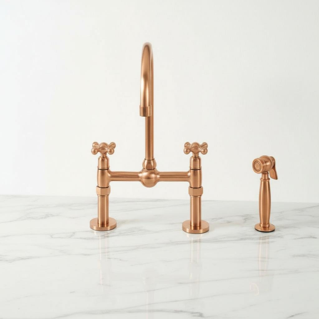 Unlacquered Copper Bridge Faucet - Farmhouse Kitchen Tap with Sprayer - Mettlemix