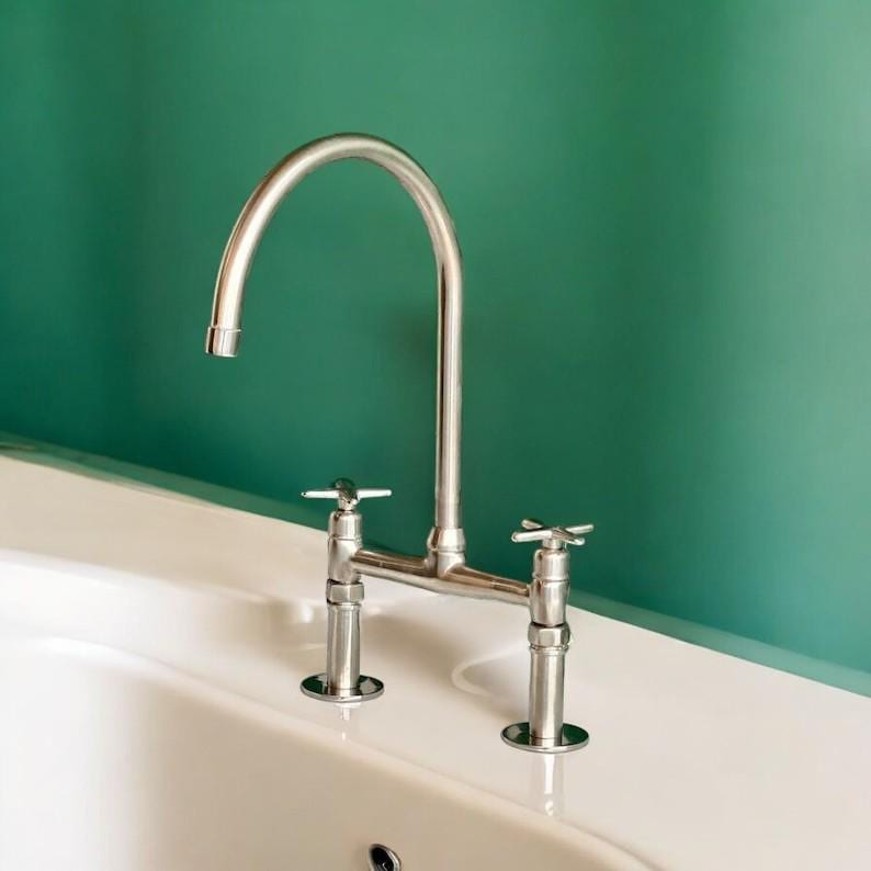 Unlacquered Nickel Bridge Kitchen Faucet - Solid Brass Flat Handles - Mettlemix
