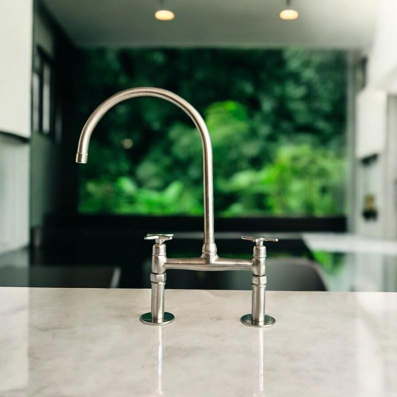 Unlacquered Nickel Bridge Kitchen Faucet - Solid Brass Flat Handles - Mettlemix