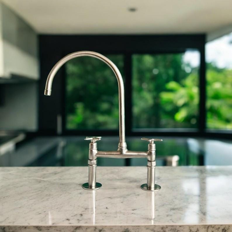 Unlacquered Nickel Bridge Kitchen Faucet - Solid Brass Flat Handles - Mettlemix