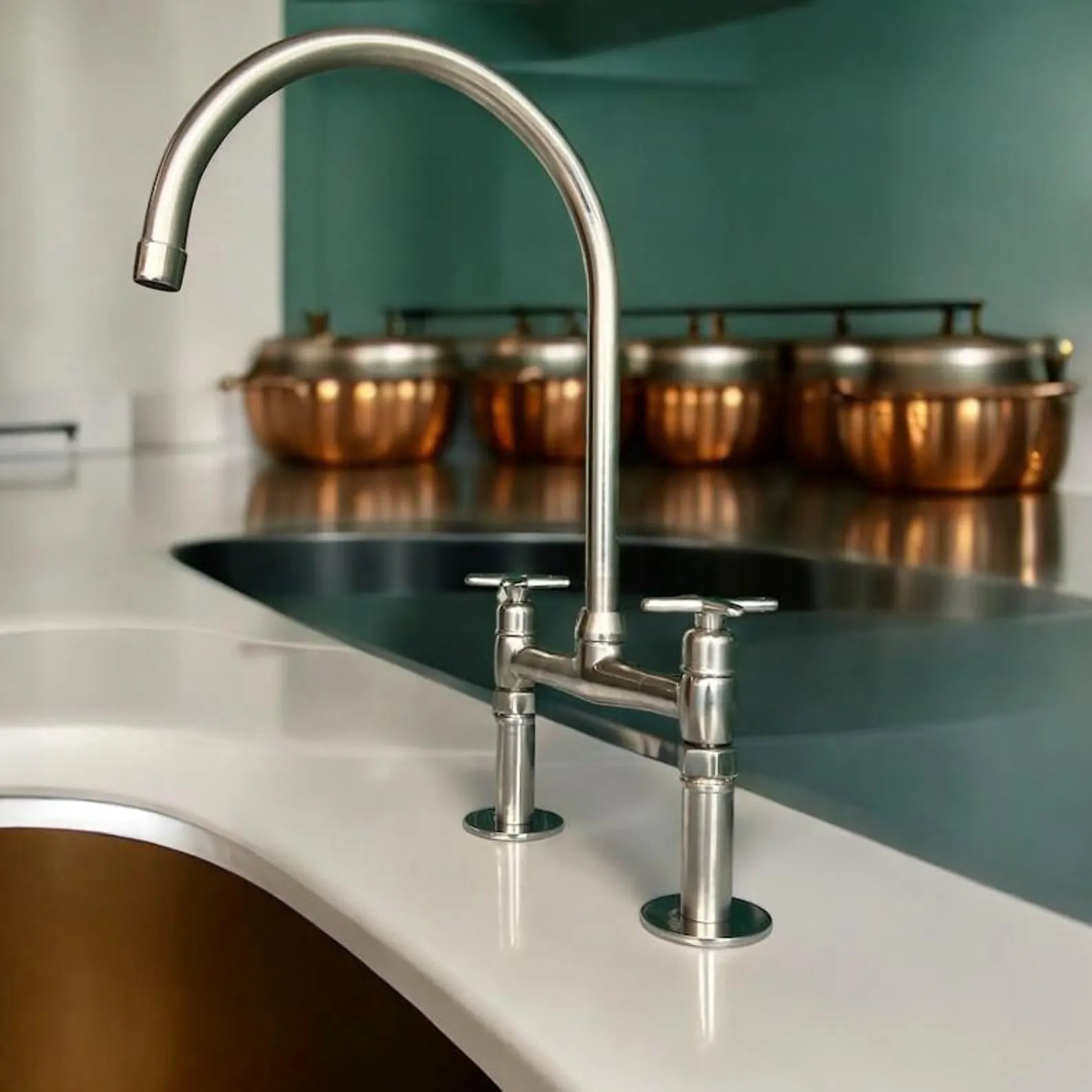 Unlacquered Nickel Bridge Kitchen Faucet - Solid Brass Flat Handles - Mettlemix