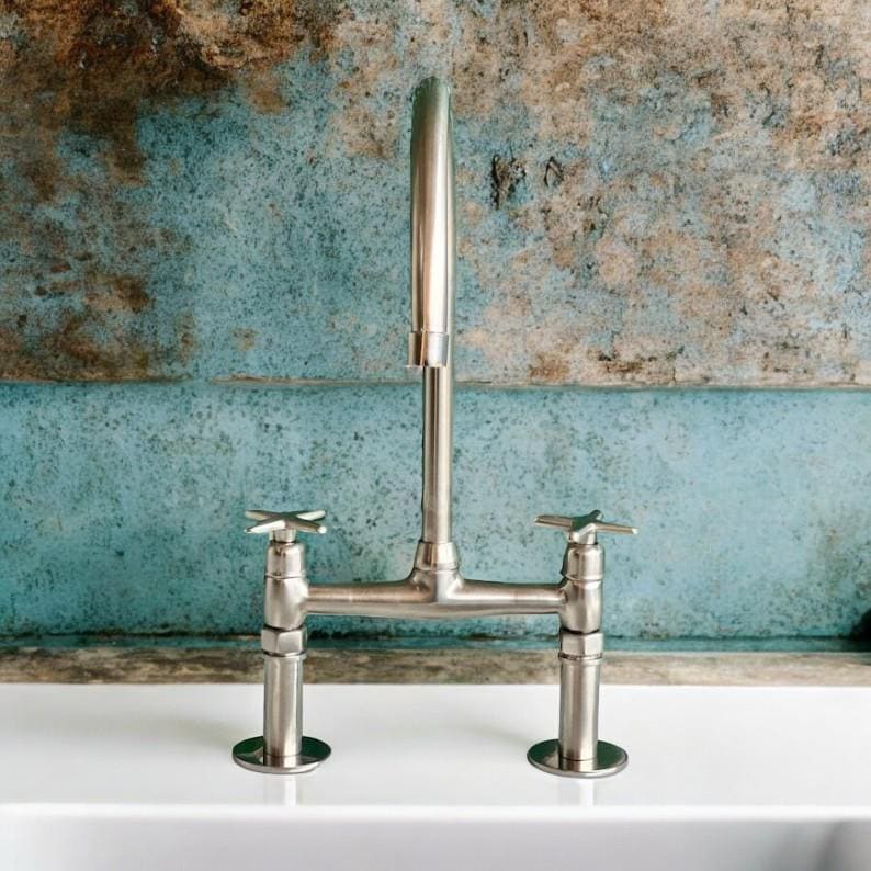 Unlacquered Nickel Bridge Kitchen Faucet - Solid Brass Flat Handles - Mettlemix