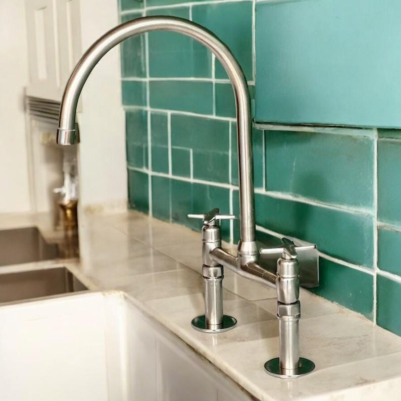 Unlacquered Nickel Bridge Kitchen Faucet - Solid Brass Flat Handles - Mettlemix
