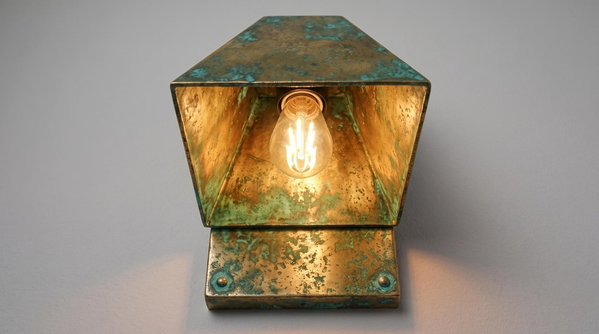 Verdigris Brass Outdoor Wall Sconce, Turquoise Green Patina Sconce, Architectural Geometric Entryway Light, Luxury Indoor Wall Lamp - Mettlemix