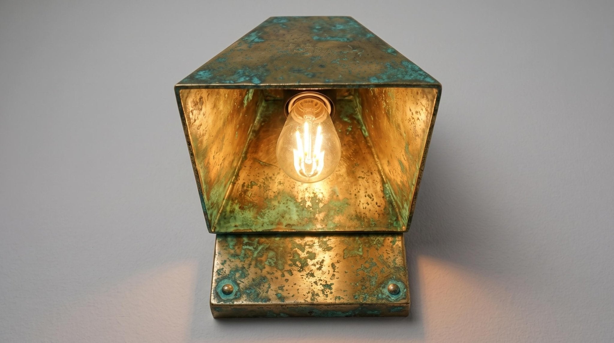 Verdigris Brass Outdoor Wall Sconce, Turquoise Green Patina Sconce, Architectural Geometric Entryway Light, Luxury Indoor Wall Lamp - Mettlemix