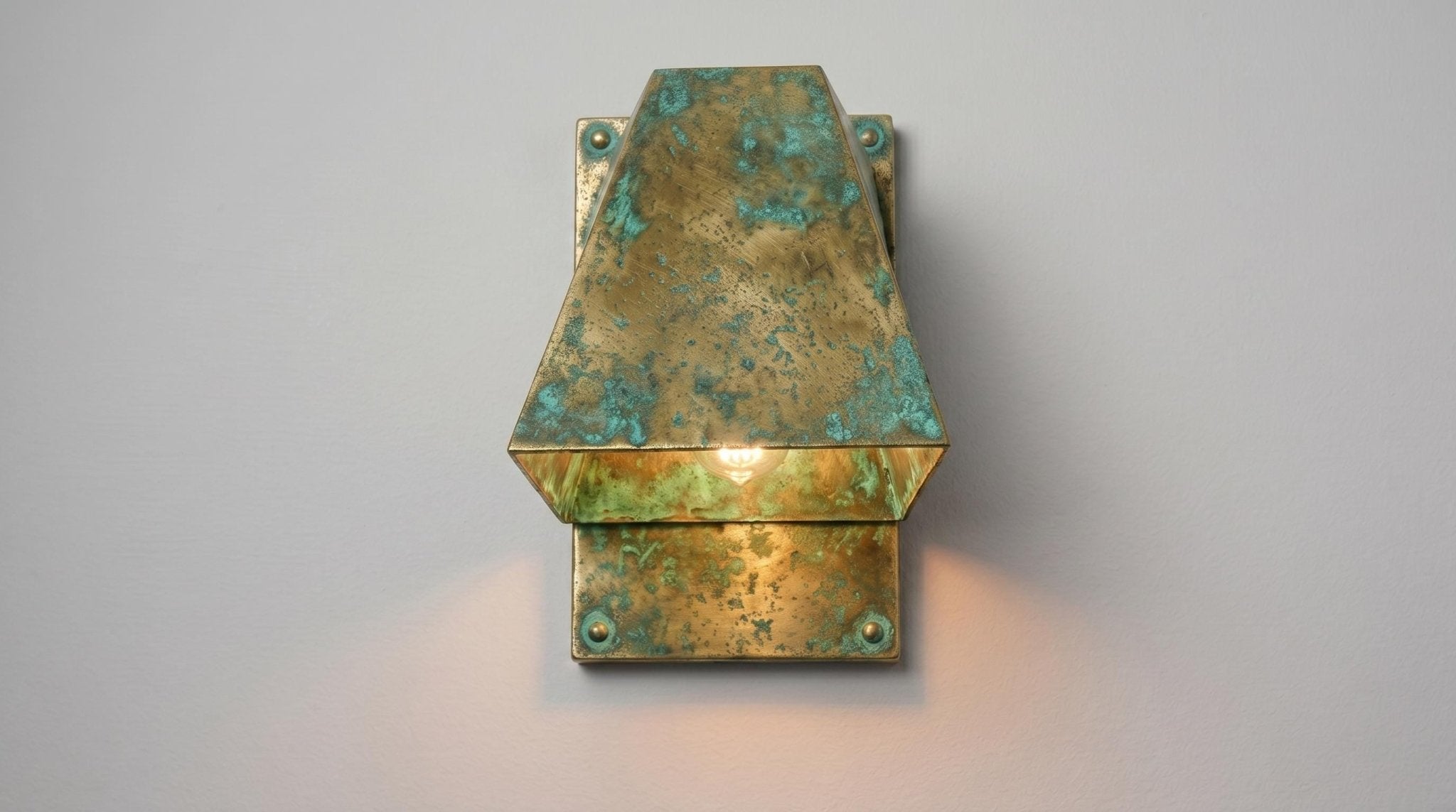 Verdigris Brass Outdoor Wall Sconce, Turquoise Green Patina Sconce, Architectural Geometric Entryway Light, Luxury Indoor Wall Lamp - Mettlemix