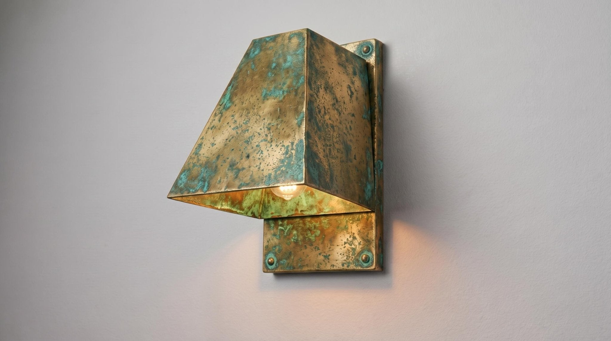 Verdigris Brass Outdoor Wall Sconce, Turquoise Green Patina Sconce, Architectural Geometric Entryway Light, Luxury Indoor Wall Lamp - Mettlemix