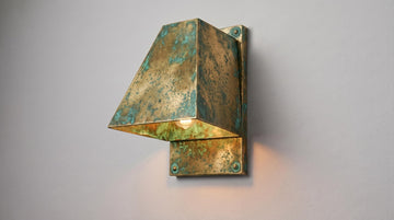 Verdigris Brass Outdoor Wall Sconce, Turquoise Green Patina Sconce, Architectural Geometric Entryway Light, Luxury Indoor Wall Lamp - Mettlemix
