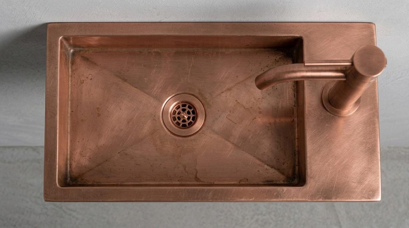 Vintage Copper Sink, Smooth Wall Mounted Basin, Industrial Floating Washbasin, Right Deck Metal Sink, Bespoke Powder Room Sink - Mettlemix