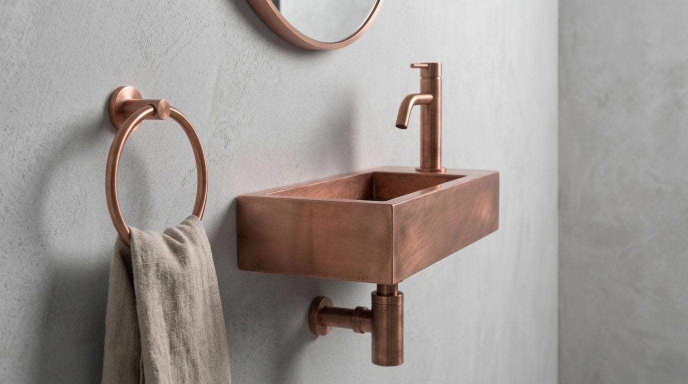 Vintage Copper Sink, Smooth Wall Mounted Basin, Industrial Floating Washbasin, Right Deck Metal Sink, Bespoke Powder Room Sink - Mettlemix