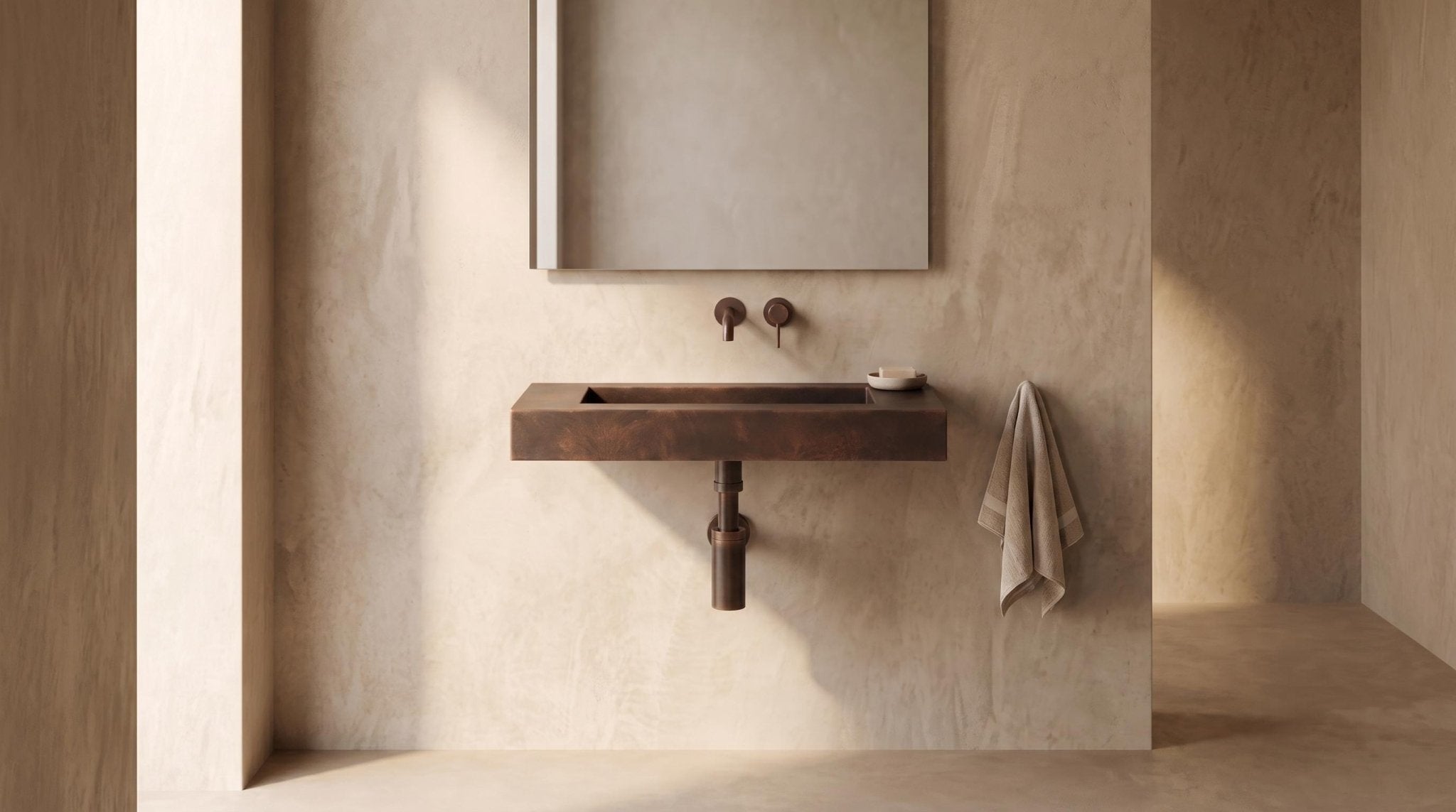 Wall Mounted Copper Sink, Antique Copper Bathroom Sink, Floating Vanity Sink, Handmade Rectangular Washbasin, Dark Patina Powder Room Sink - Mettlemix