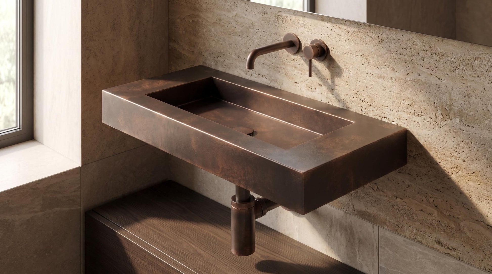 Wall Mounted Copper Sink, Antique Copper Bathroom Sink, Floating Vanity Sink, Handmade Rectangular Washbasin, Dark Patina Powder Room Sink - Mettlemix