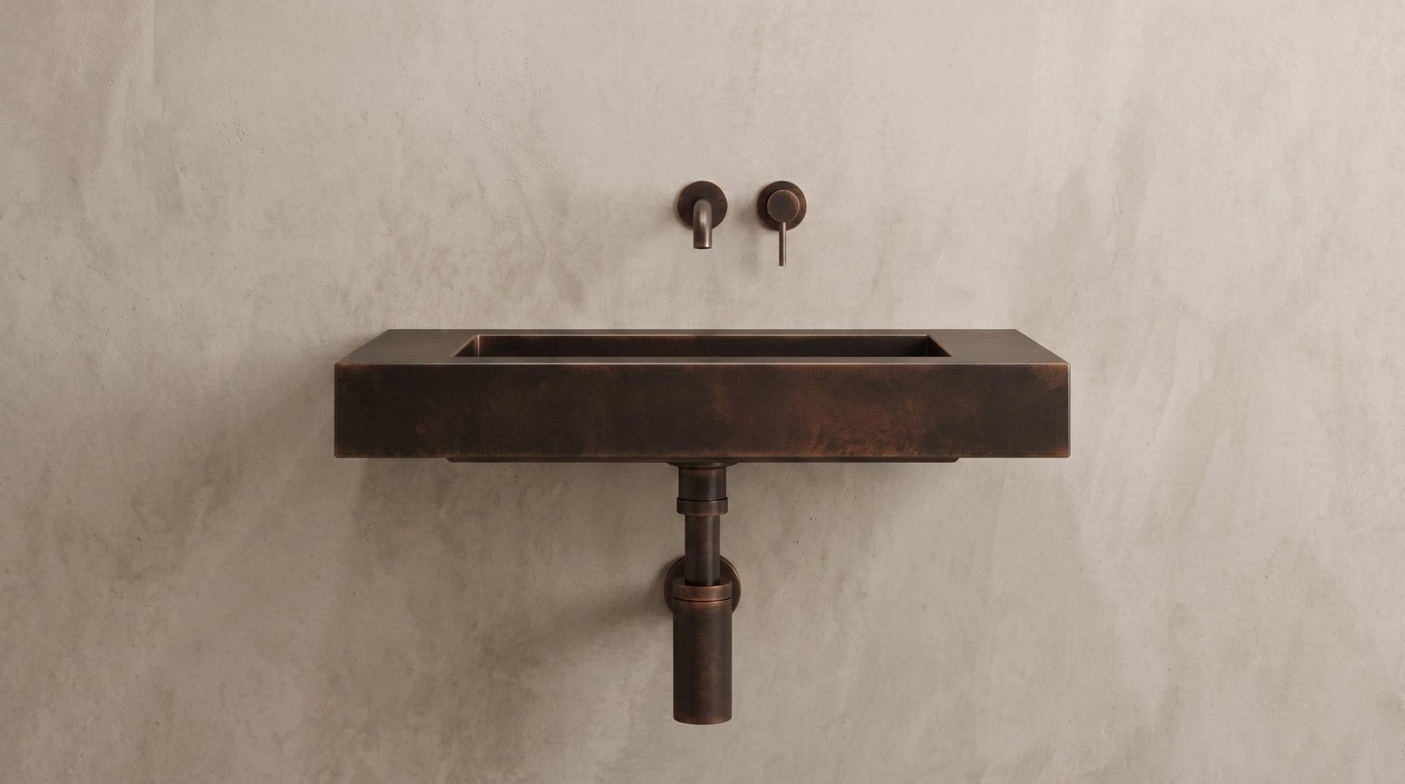 Wall Mounted Copper Sink, Antique Copper Bathroom Sink, Floating Vanity Sink, Handmade Rectangular Washbasin, Dark Patina Powder Room Sink - Mettlemix