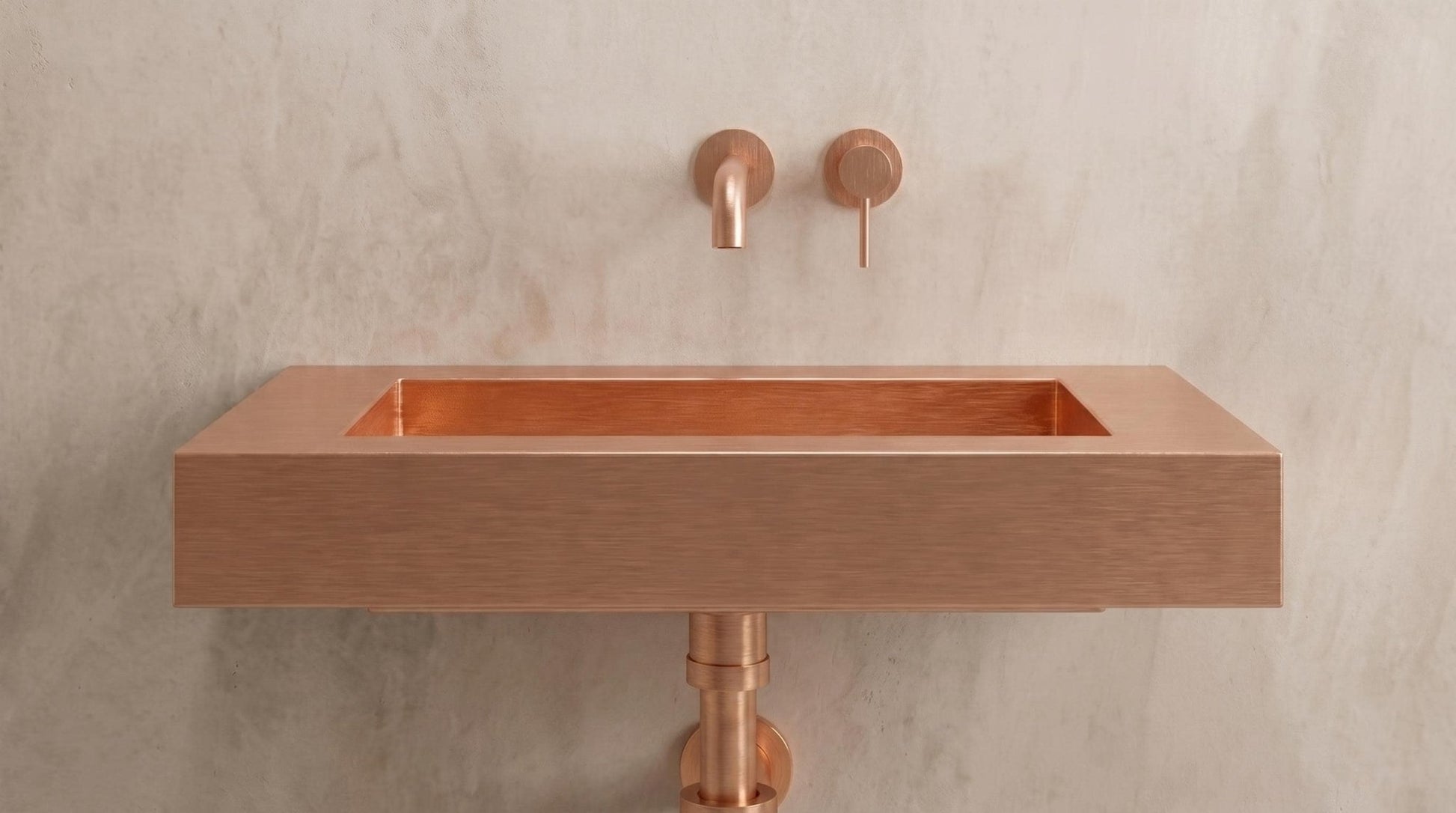 Wall Mounted Copper Sink, Brushed Copper Bathroom Sink, Floating Vanity Washbasin, Rose Gold Powder Room Sink, Handmade Rectangular Basin - Mettlemix