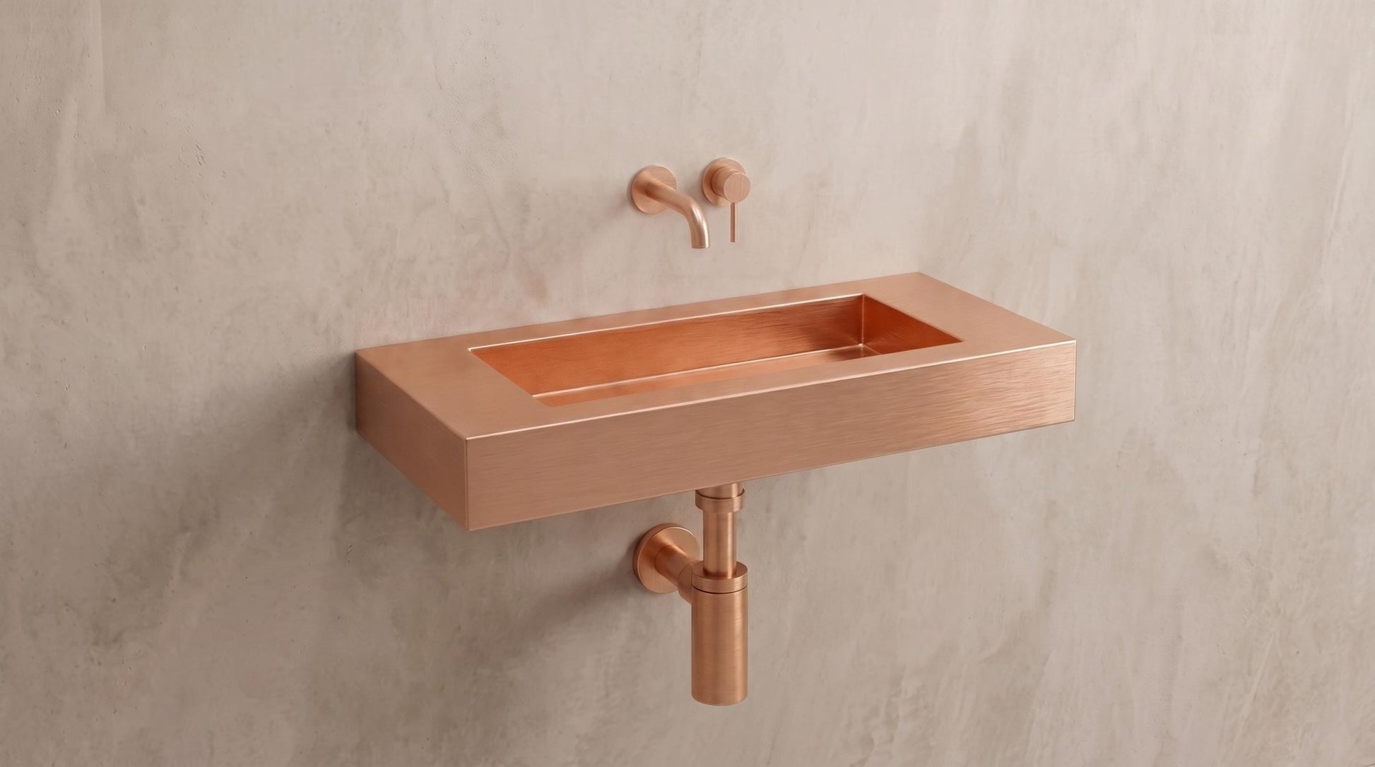 Wall Mounted Copper Sink, Brushed Copper Bathroom Sink, Floating Vanity Washbasin, Rose Gold Powder Room Sink, Handmade Rectangular Basin - Mettlemix