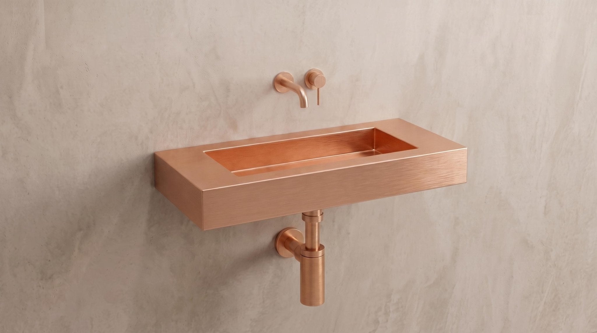 Wall Mounted Copper Sink, Brushed Copper Bathroom Sink, Floating Vanity Washbasin, Rose Gold Powder Room Sink, Handmade Rectangular Basin - Mettlemix