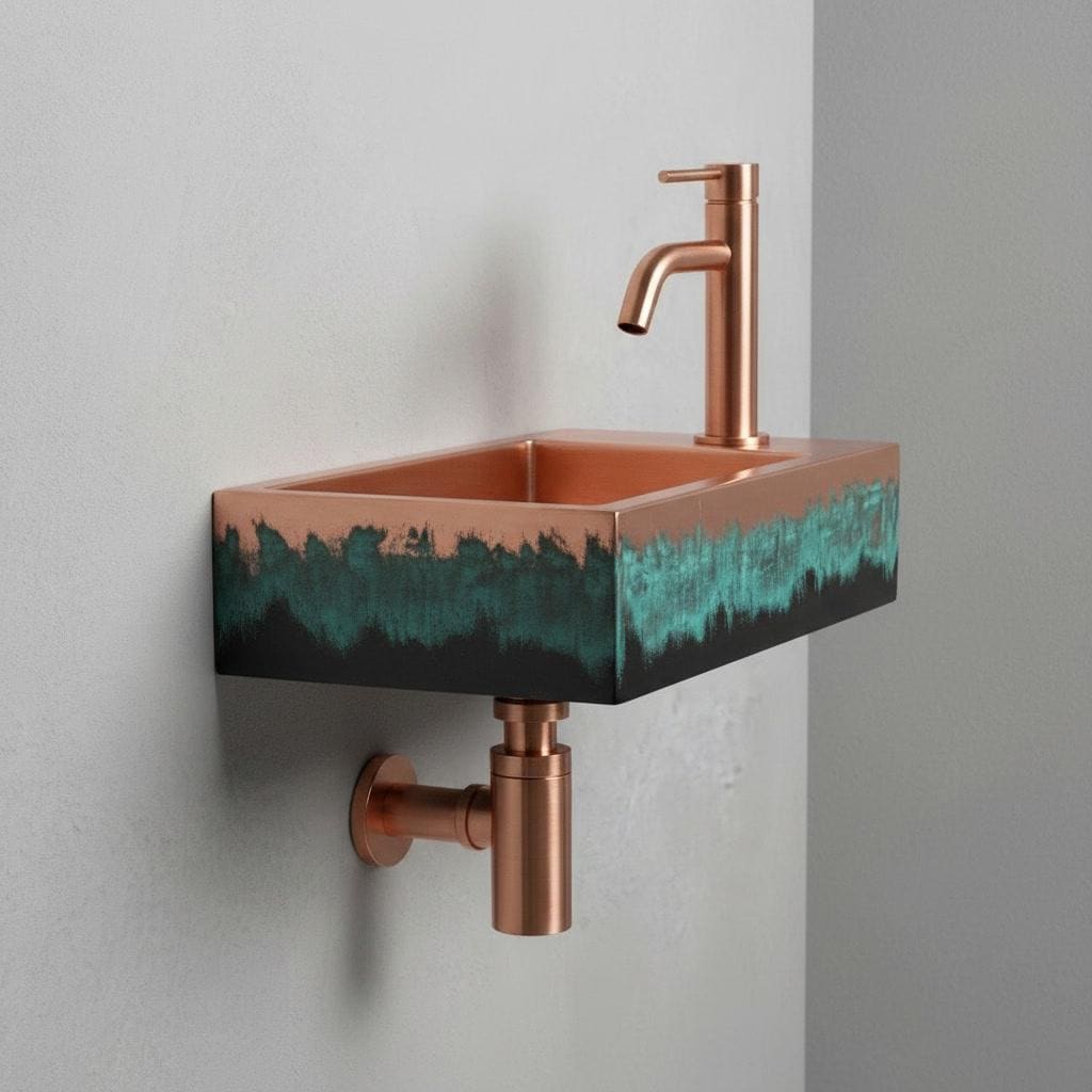 Wall Mounted Copper Sink, Floating Basin, Verdigris Bathroom Washbasin, Custom Artistic Metal Vanity, Smooth Rectangular Sink - Mettlemix