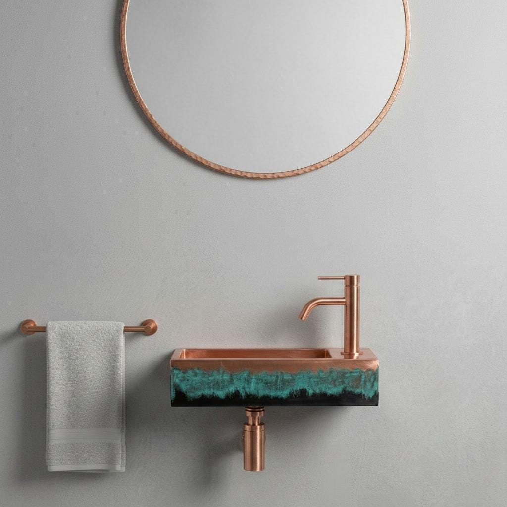 Wall Mounted Copper Sink, Floating Basin, Verdigris Bathroom Washbasin, Custom Artistic Metal Vanity, Smooth Rectangular Sink - Mettlemix
