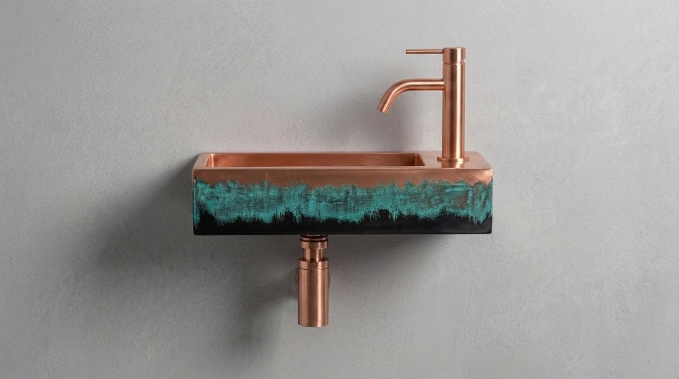Wall Mounted Copper Sink, Floating Basin, Verdigris Bathroom Washbasin, Custom Artistic Metal Vanity, Smooth Rectangular Sink - Mettlemix
