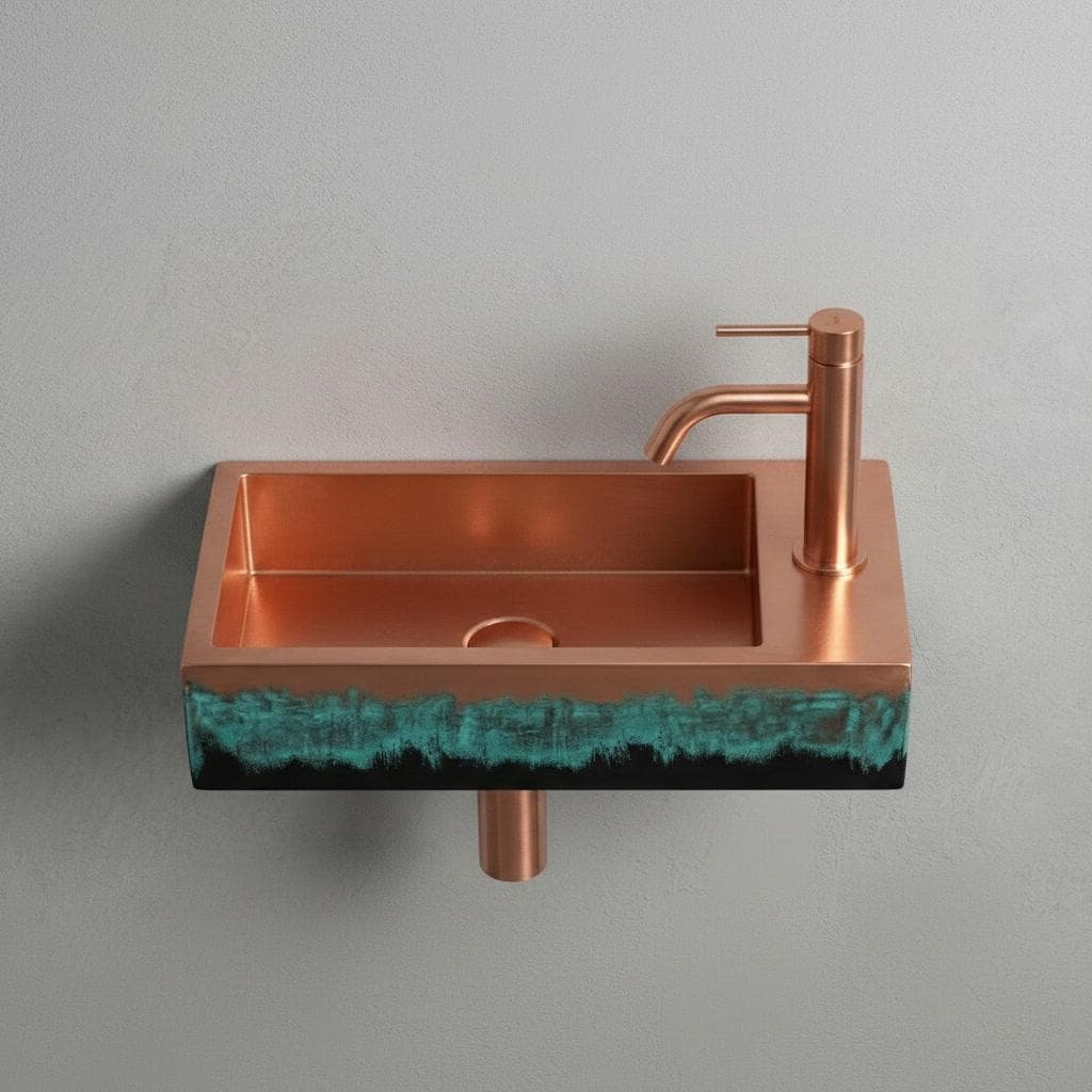 Wall Mounted Copper Sink, Floating Basin, Verdigris Bathroom Washbasin, Custom Artistic Metal Vanity, Smooth Rectangular Sink - Mettlemix