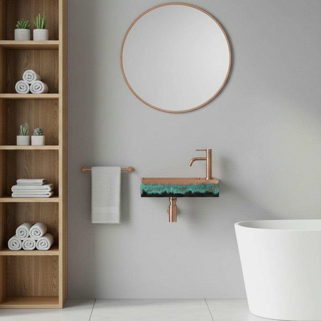 Wall Mounted Copper Sink, Floating Basin, Verdigris Bathroom Washbasin, Custom Artistic Metal Vanity, Smooth Rectangular Sink - Mettlemix