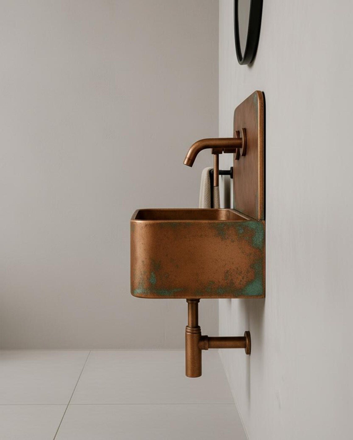 Wall-Mounted Rustic Copper Bathroom Sink - Industrial Patina Basin Set - Mettlemix